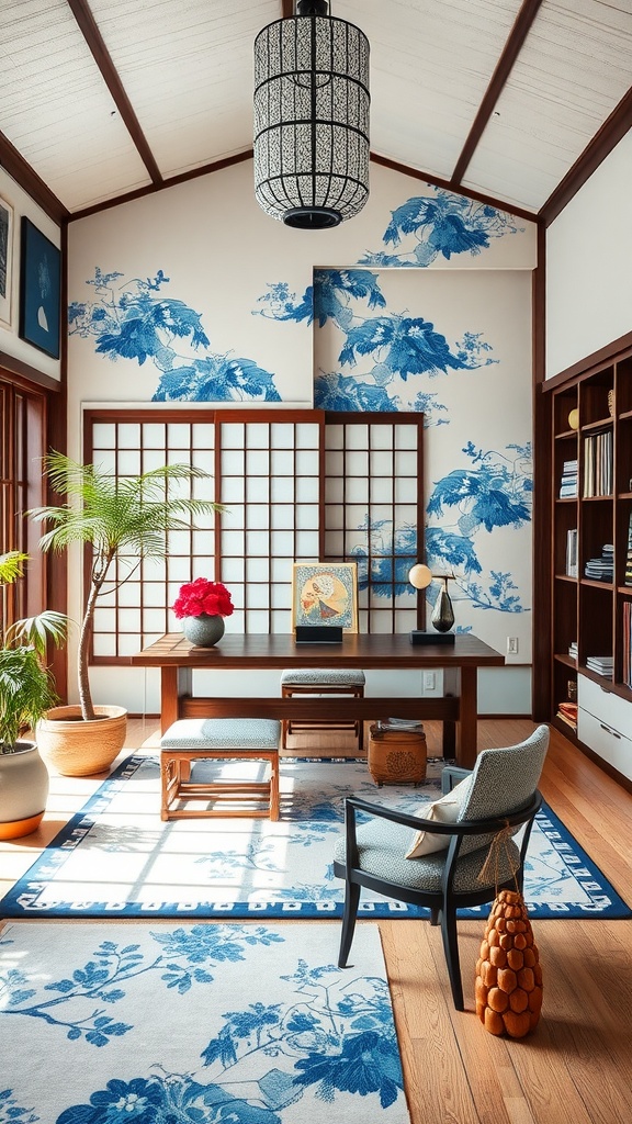 A beautifully designed home office featuring traditional Japanese elements, including floral wall patterns, wooden furniture, and natural light.