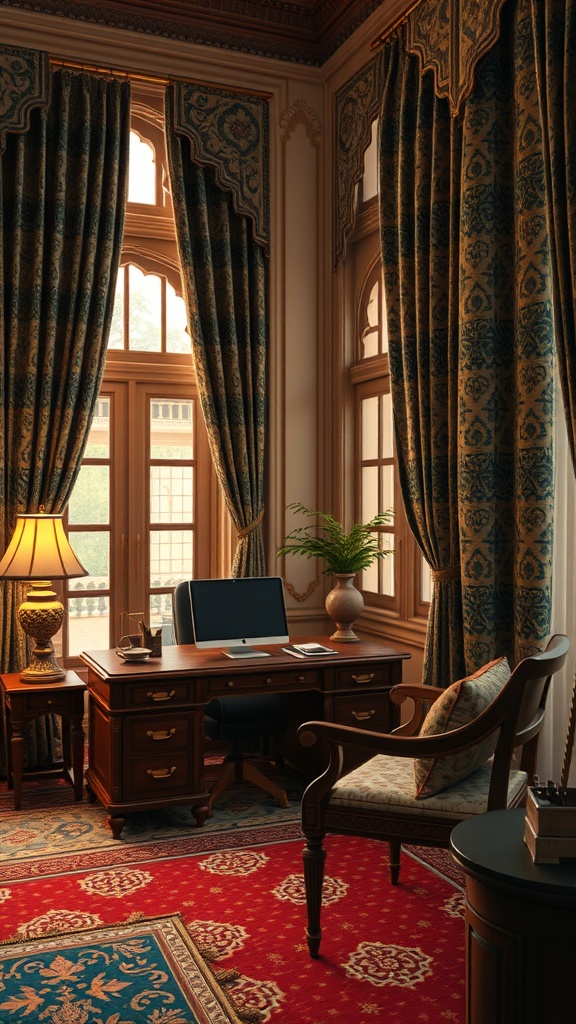 A beautifully designed home office featuring rich textile curtains and a classic wooden desk.