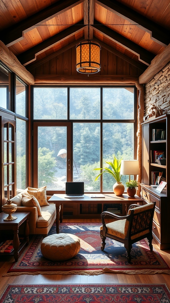A cozy home office with wooden beams, large windows, and a warm color palette, reflecting Himalayan Retreat Style.