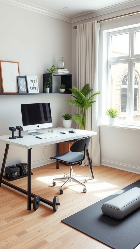A modern home office with a gym combo featuring a desk, chair, yoga mat, and dumbbell.