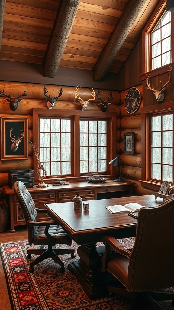 A cozy hunting lodge office with wooden walls, a large window, and rustic decor.