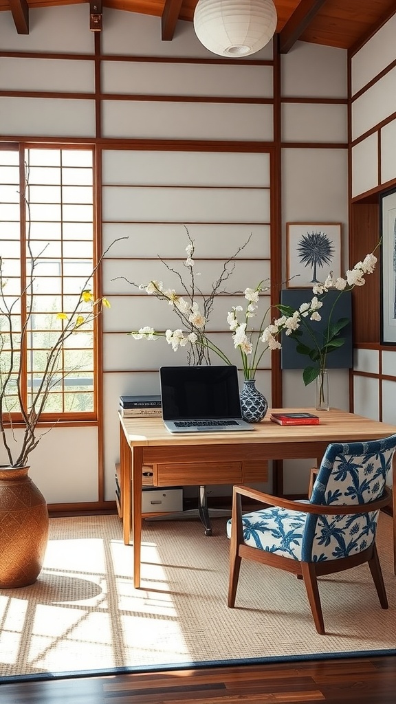 A serene home office with a wooden desk, a computer, and an Ikebana floral arrangement featuring branches and flowers.