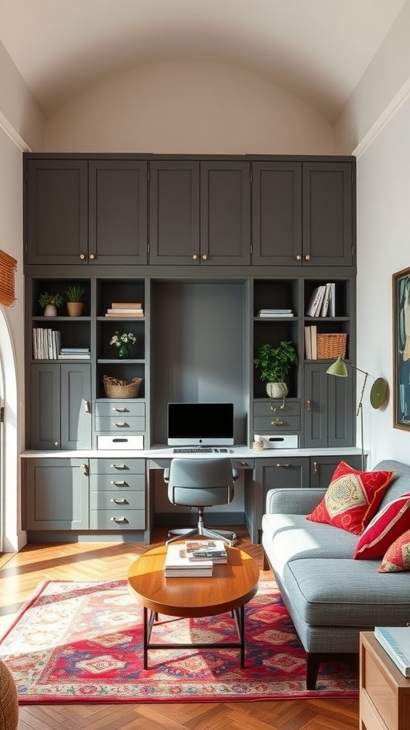 A stylish home office setup in a double height living room with dark cabinetry, a desk, and a cozy seating area.