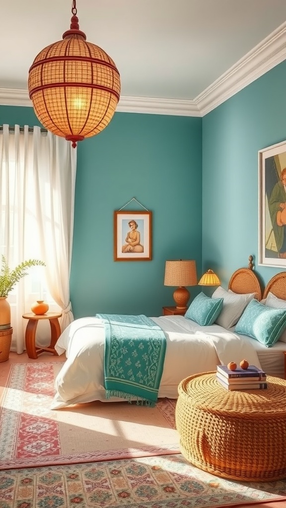 A cozy summer bedroom featuring teal walls, a woven pendant light, and rattan furniture.