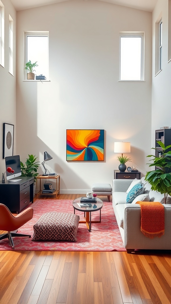 Cozy sofa in a double height living room with modern decor and natural light
