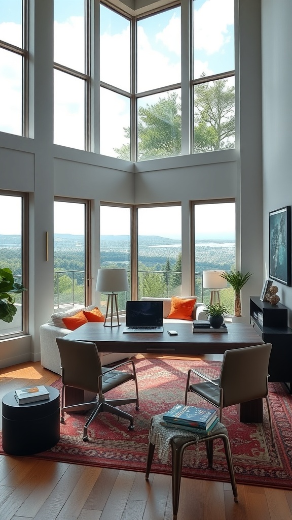 A modern home office setup in a double height living room with large windows and a view.