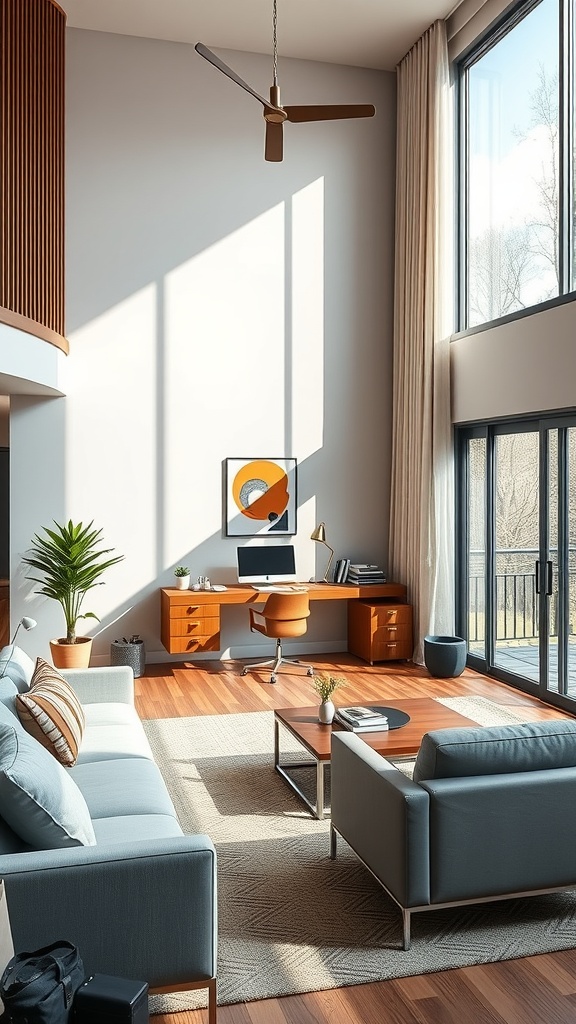 A modern double height living room featuring a floating desk, large windows, and stylish decor.