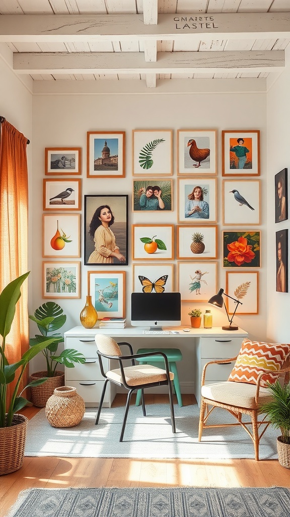 A bright home office featuring a gallery wall with various framed artworks, plants, and a desk setup.