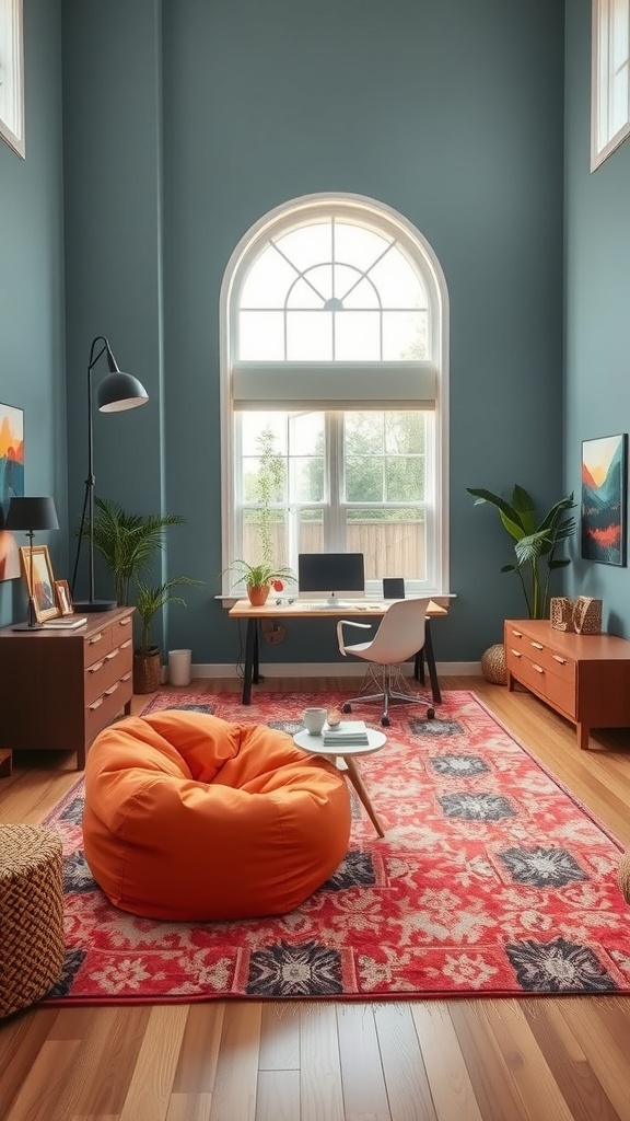 A cozy home office area in a double height living room featuring a bright orange bean bag, a stylish desk, and large windows.