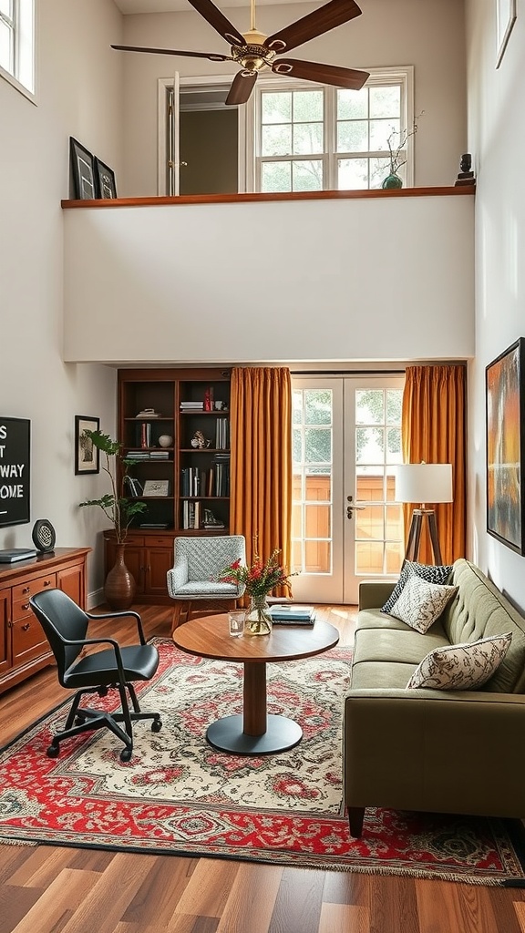 A cozy double height living room with a small conference area featuring a round table and comfortable chairs.