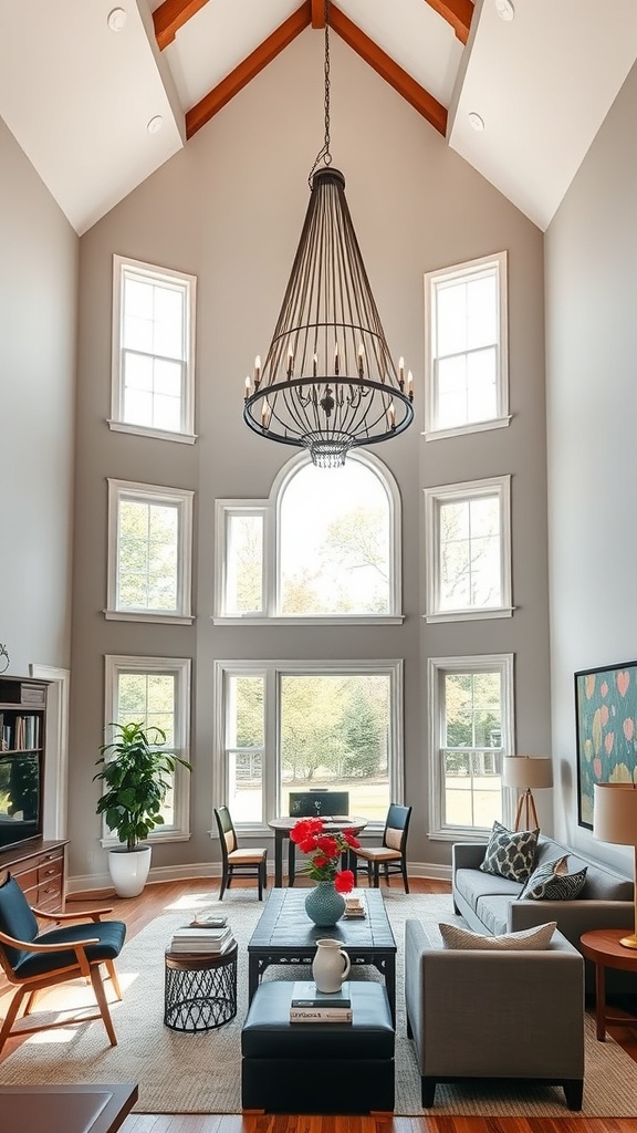 A double height living room featuring a large chandelier, large windows, and modern furniture.
