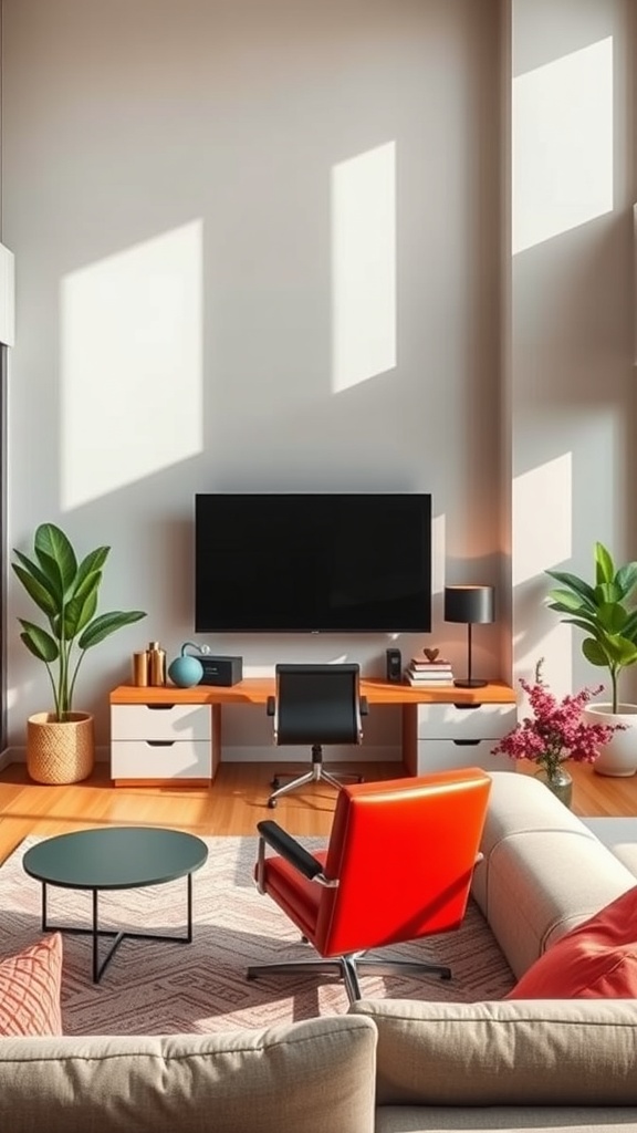A modern double height living room featuring a wall-mounted monitor, stylish furniture, and plants.