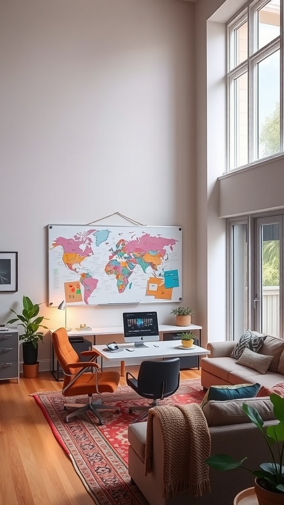 A modern home office setup in a double height living room featuring a large world map whiteboard, desk, and comfortable seating.