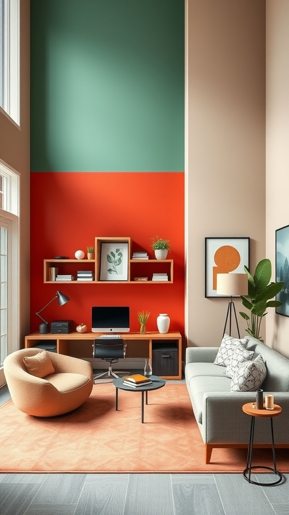 A double height living room featuring an accent wall with red and green colors, modern furniture, and a stylish home office setup.