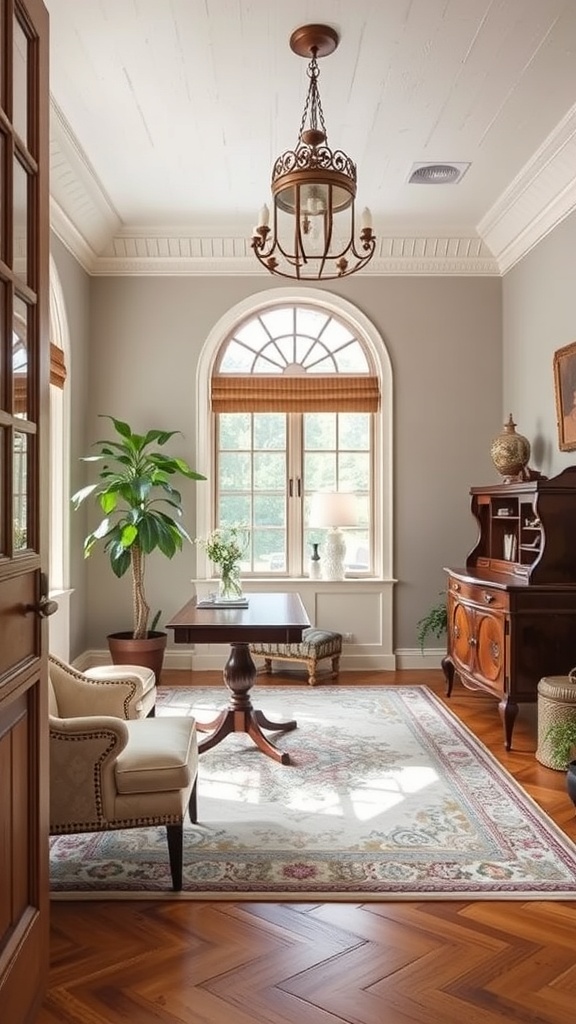 A beautifully decorated home office featuring art nouveau style elements, antique furniture, and vibrant colors.