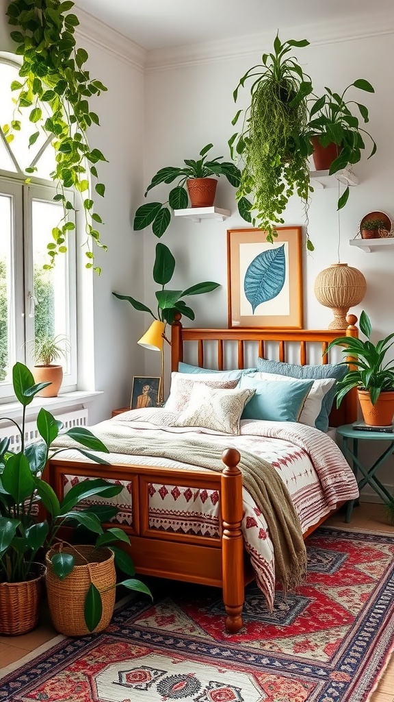 Cozy summer bedroom with indoor plants and warm decor