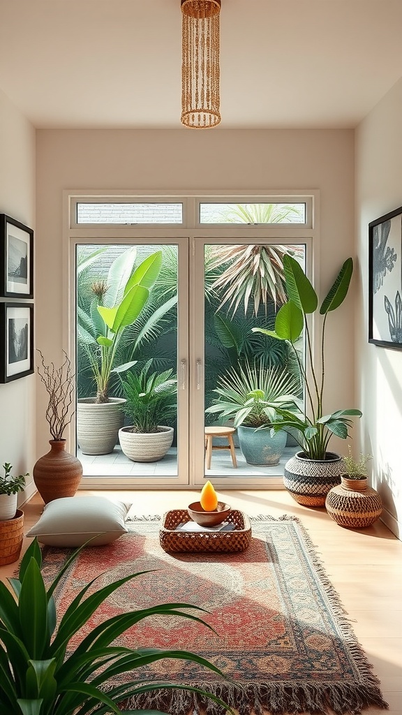 A cozy meditation room with plants, a soft rug, and inspirational art on the walls.