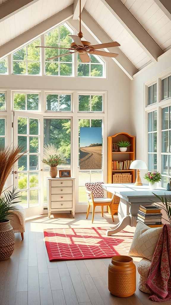 Bright home office with large windows allowing natural light, featuring a cozy desk, chair, and plants.