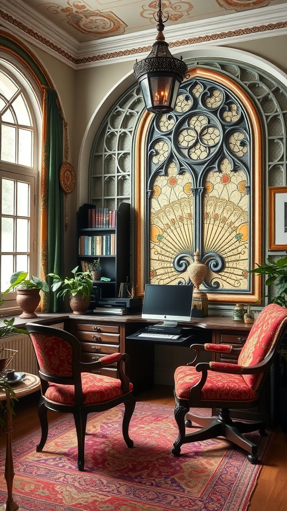 A beautifully designed home office featuring art nouveau architecture, with a stained glass window, elegant furniture, and a cozy atmosphere.