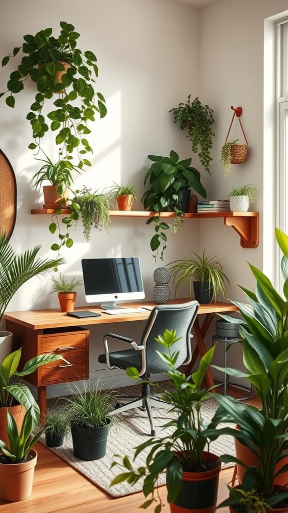 A cozy home office filled with plants, featuring a wooden desk and large windows, showcasing art nouveau architecture.
