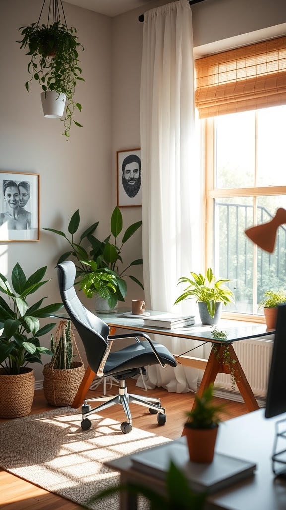 A bright home office with plants, a desk, and modern lighting.