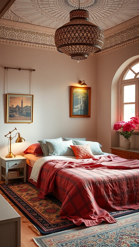 A cozy summer bedroom featuring a woven pendant light, warm colors, and decorative pillows.