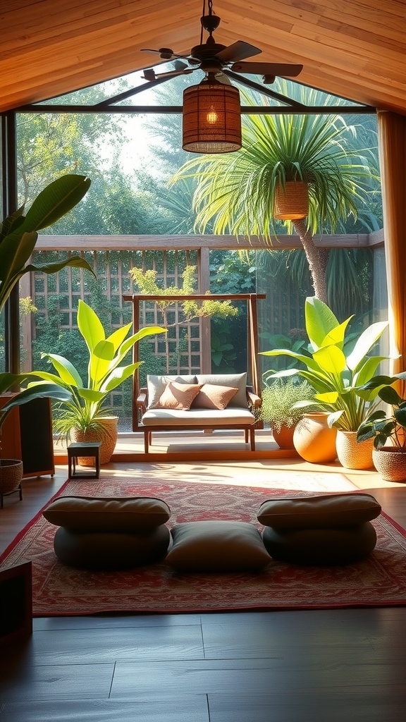 A serene meditation room with natural light, plants, and comfortable seating, ideal for relaxation and soft music.