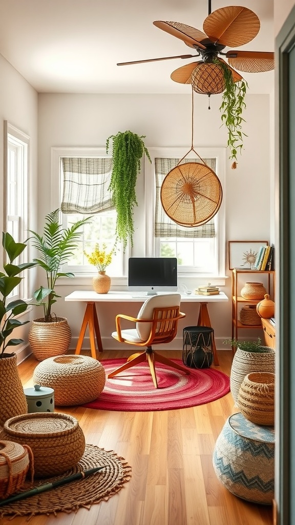 A cozy home office with woven textures, plants, and a vibrant rug, creating a summer aesthetic.