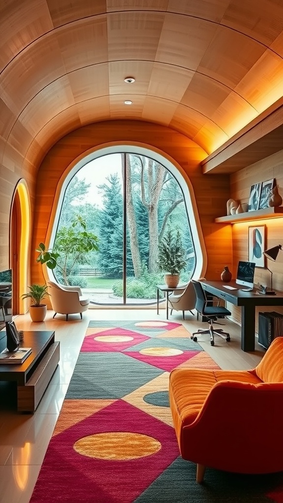 A modern home office featuring wood paneling and large windows, with colorful rugs and furniture.