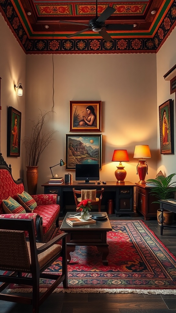 A cozy home office featuring traditional Indian decor, with vibrant ceiling patterns, wooden furniture, and cultural artworks.