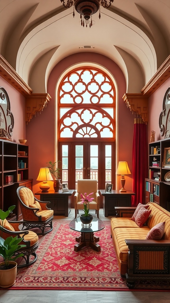 A cozy Indo-Saracenic style home office featuring intricate window designs, traditional furniture, and warm colors.
