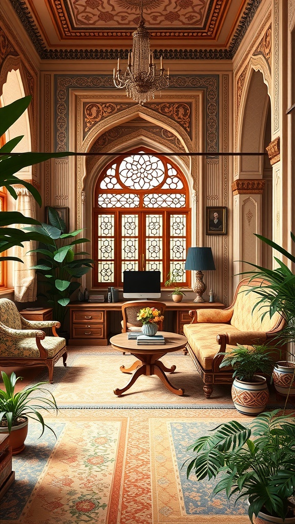A beautifully decorated home office featuring Mughal architecture elements and indoor plants.