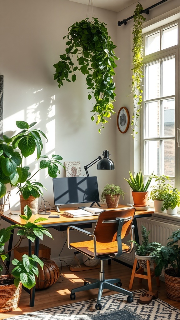 A bright home office filled with various indoor plants, showcasing a cozy and inviting workspace.