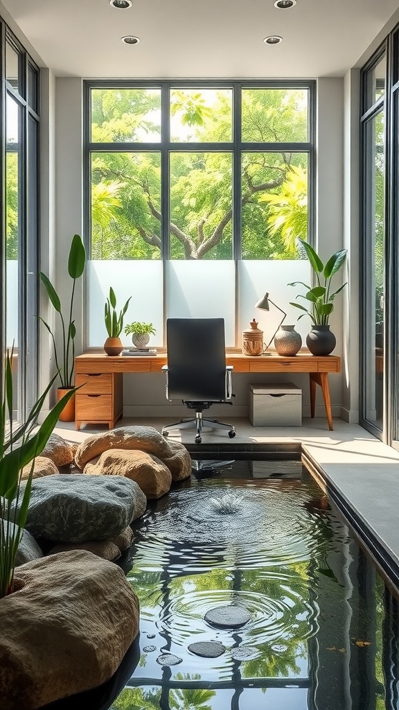 A serene indoor water feature in a modern Japanese-style home office with wooden beams and large windows.