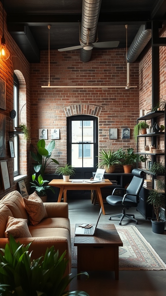 An industrial chic home office featuring exposed brick walls, wooden furniture, and indoor plants