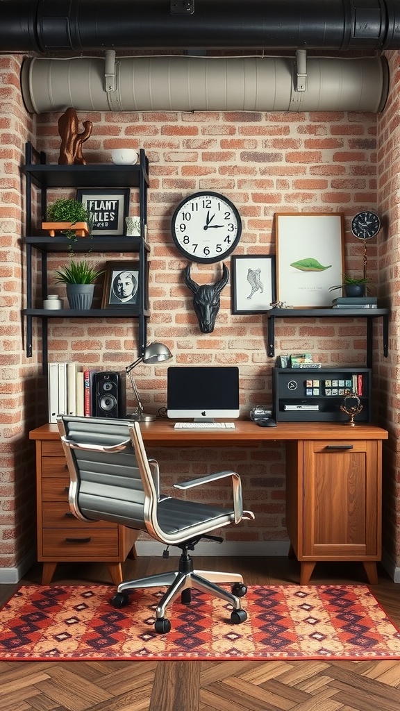 A modern industrial chic home office with exposed brick walls, large windows, and minimalist furniture.