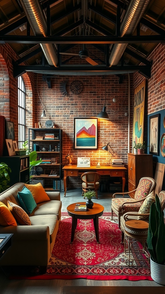 A cozy industrial chic home office featuring exposed brick walls, a wooden desk, and colorful cushions on a sofa.