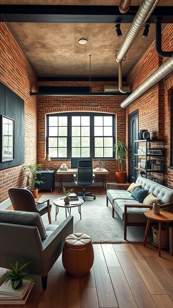 A stylish industrial chic home office with exposed brick walls, modern furniture, and warm accents.