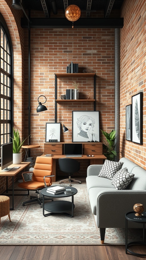 A stylish industrial chic home office featuring exposed brick walls, modern furniture, and decorative elements.
