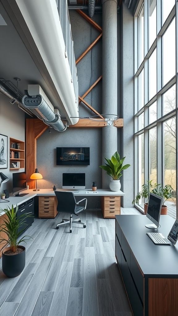 An industrial chic home office featuring exposed brick walls, large windows, and modern furniture.