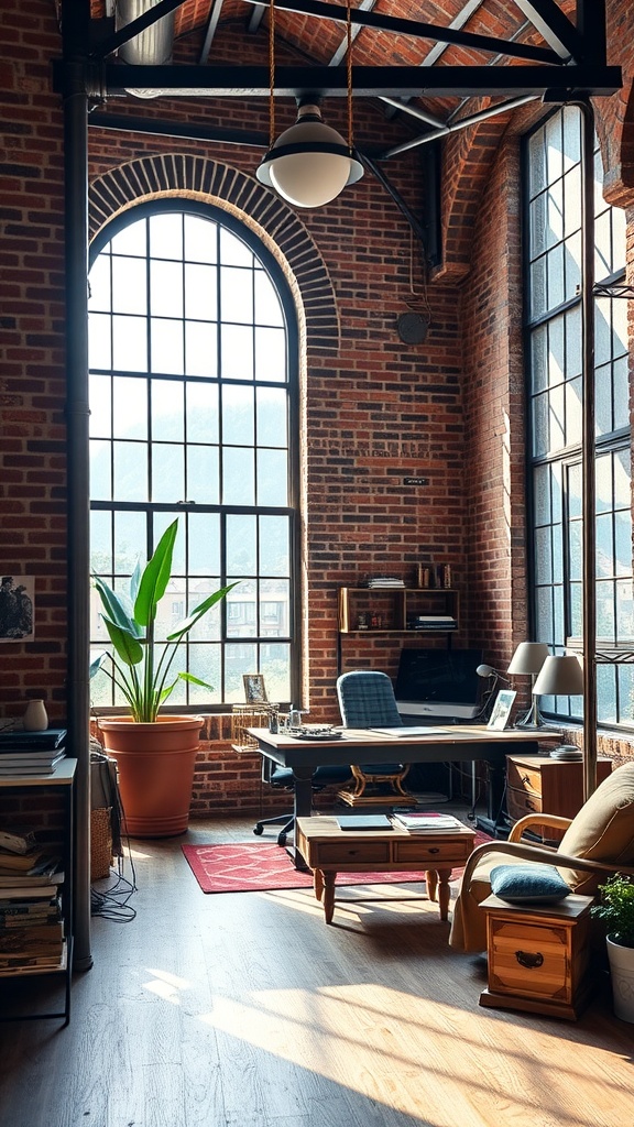 A cozy home office featuring exposed brick walls, large windows, and modern furniture.