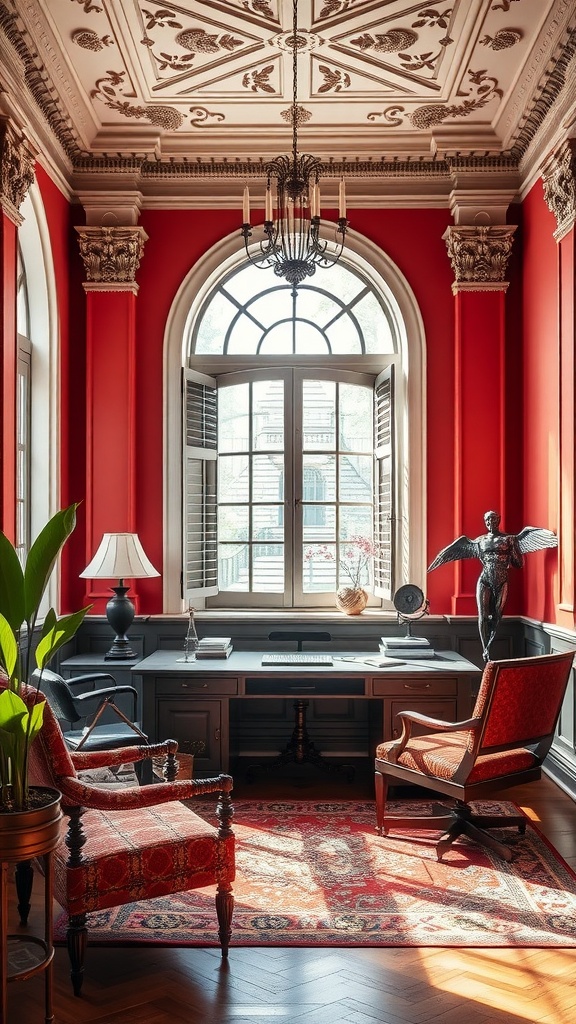 A beautifully designed home office featuring classical architecture with red walls, intricate ceiling details, and elegant furniture.