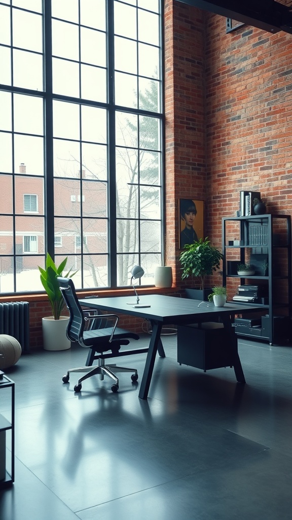 Industrial style home office with exposed brick walls, large windows, and modern furniture.