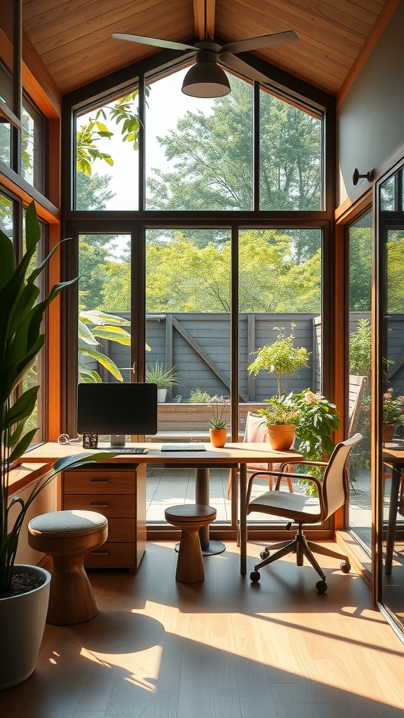 A bright home office with large windows, natural materials, and plants, showcasing sustainable architecture.