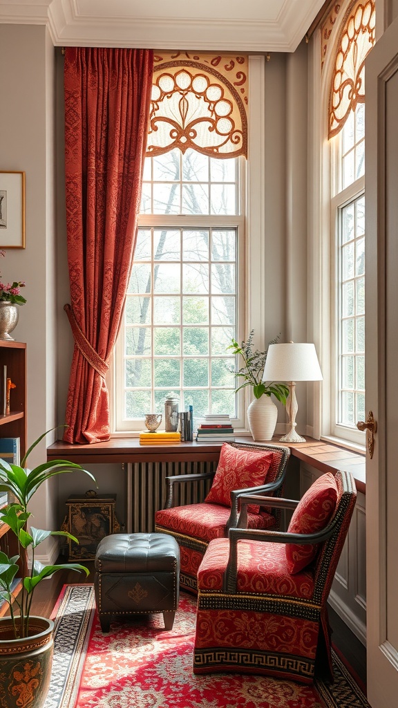 A cozy home office with Art Nouveau style window treatments, featuring rich red curtains and intricate valances.