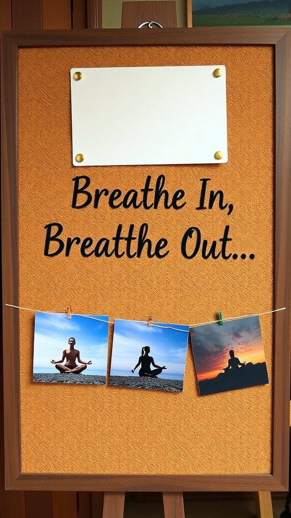 A cozy workspace featuring a corkboard filled with inspirational quotes and scenic images, alongside a desk and comfortable seating.