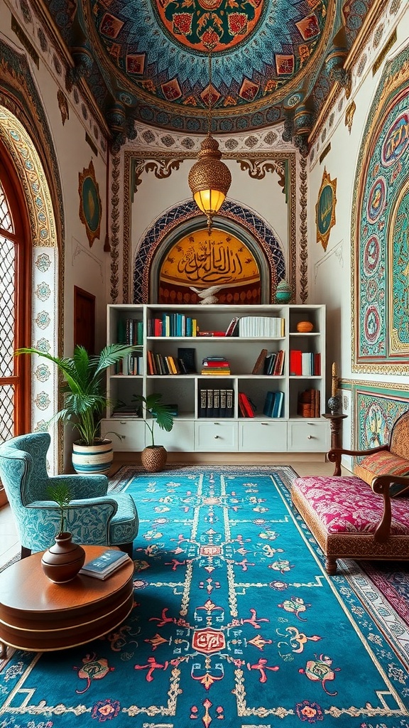 A beautifully designed home office featuring intricate calligraphy and ornamentation, showcasing elements of mosque architecture.