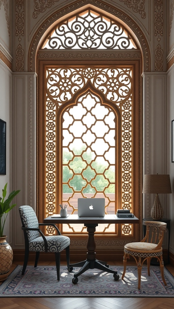 A home office featuring an intricate jali screen window, showcasing Mughal architecture.