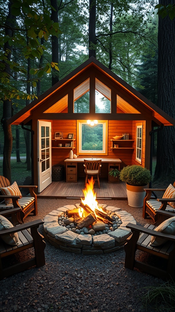 A cozy home office in a small summer house with a fire pit surrounded by chairs.
