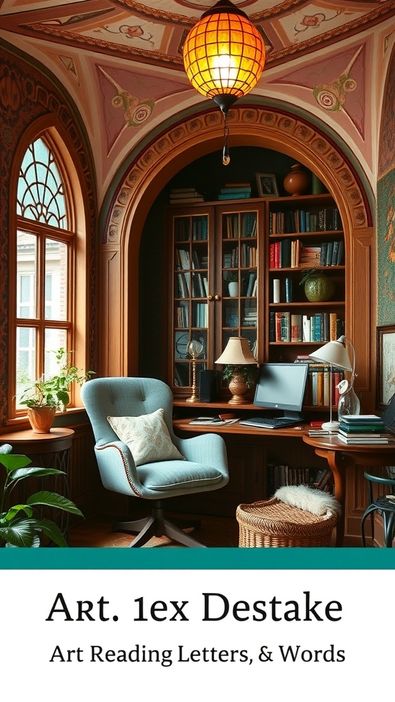 Cozy reading nook with art nouveau architecture, featuring a comfortable chair, bookshelves, and warm lighting.